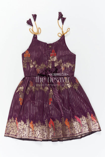 The Nesavu Tie-up Frock Girls Purple Tie up Frock for Weddings and Festive Events Nesavu Nesavu Girls Purple Semi Banaras Tie Up Frock For Weddings And Festive Occasions