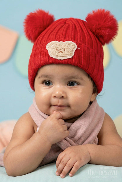 The Nesavu Baby Accessories Girls Rib Knit Beanie Cap for Trendy Everyday Outfits Nesavu Red / Rib Knit IA001B-8 Nesavu Girls Red Rib Knit Beanie Cap For Stylish Casual Wear | New Born To 14 Years