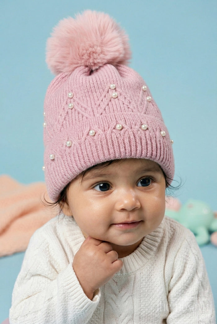 The Nesavu Baby Accessories Girls Rib Knit Beanie Cap with Fur Pom Pom Nesavu Peach / Rib Knit IA003A-8 Nesavu Girls Peach Rib Knit Beanie Cap With Fur Pom Pom | New Born To 6 Months