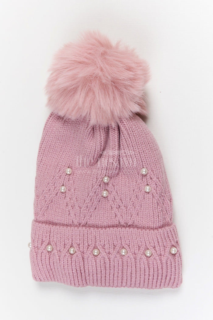 The Nesavu Baby Accessories Girls Rib Knit Beanie Cap with Fur Pom Pom Nesavu Peach / Rib Knit IA003A-8 Nesavu Girls Peach Rib Knit Beanie Cap With Fur Pom Pom | New Born To 6 Months