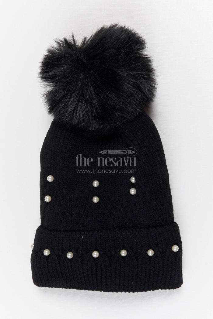 The Nesavu Baby Accessories Girls Rib Knit Beanie Cap with Pearl Detail Nesavu Black / Rib Knit IA003B-8 Nesavu Girls Black Rib Knit Beanie Cap With Pearl Embellishment | New Born To 6 months