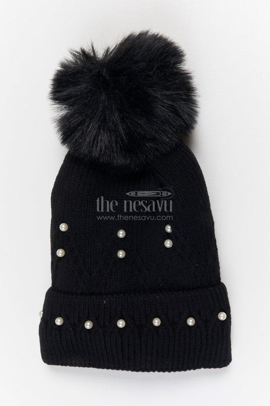 The Nesavu Baby Accessories Girls Rib Knit Beanie Cap with Pearl Detail Nesavu Black / Rib Knit IA003B-8 Nesavu Girls Black Rib Knit Beanie Cap With Pearl Embellishment | New Born To 6 months