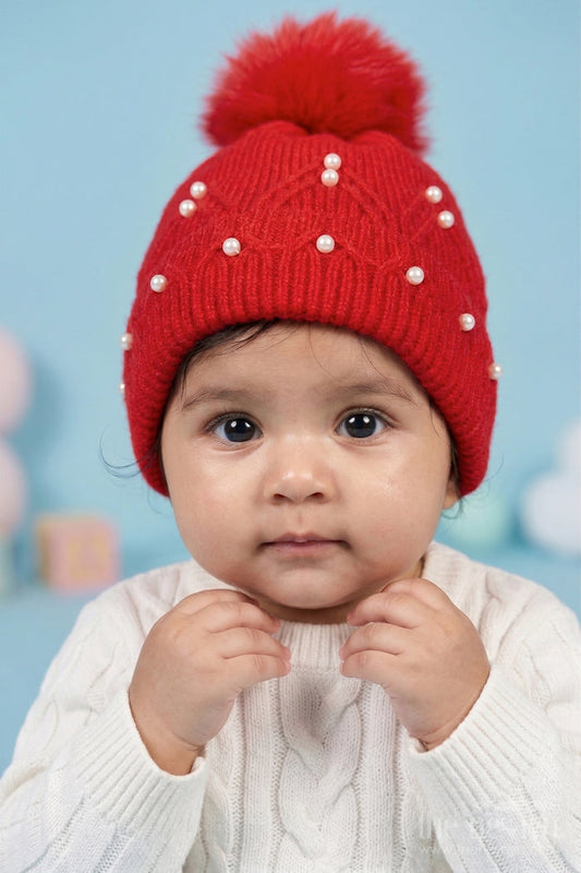 The Nesavu Baby Accessories Girls Rib Knit Beanie Cap with Pom Pom and Pearls Nesavu Red / Rib Knit IA003C-8 Nesavu Girls Red Rib Knit Beanie Cap With Pom Pom And Pearls | New Born To 6 Months
