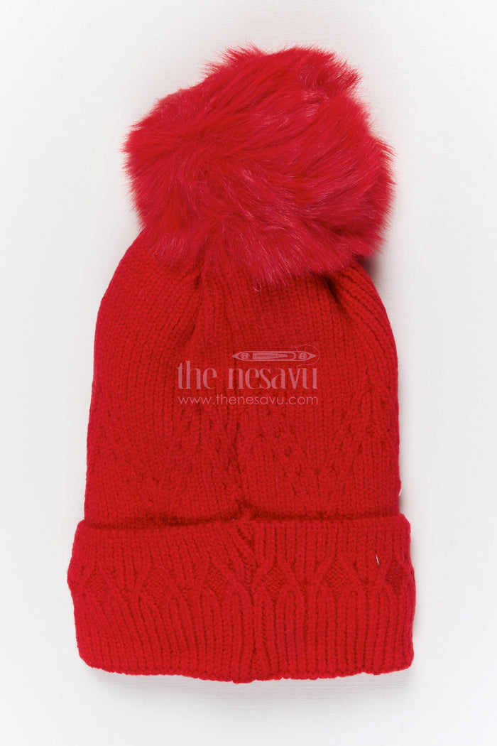 The Nesavu Baby Accessories Girls Rib Knit Beanie Cap with Pom Pom and Pearls Nesavu Red / Rib Knit IA003C-8 Nesavu Girls Red Rib Knit Beanie Cap With Pom Pom And Pearls | New Born To 6 Months