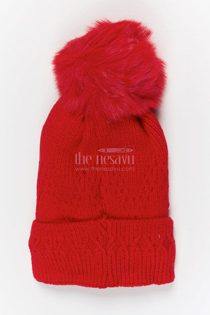 The Nesavu Baby Accessories Girls Rib Knit Beanie Cap with Pom Pom and Pearls Nesavu Red / Rib Knit IA003C-8 Nesavu Girls Red Rib Knit Beanie Cap With Pom Pom And Pearls | New Born To 6 Months