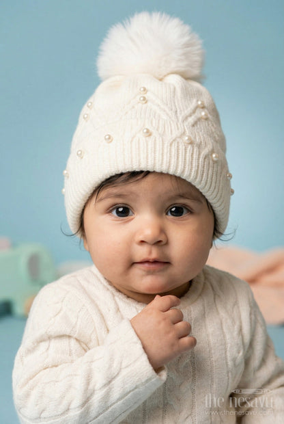 The Nesavu Baby Accessories Girls Rib Knit Beanie Cap with Pom Pom Detail Nesavu Half white / Rib Knit IA003D-8 Nesavu Girls Half White Rib Knit Beanie Cap With Pom Pom | New Born To 6 Months