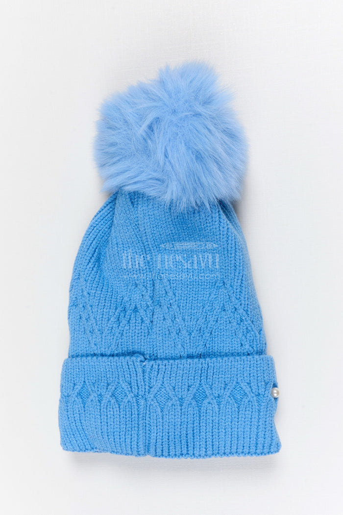The Nesavu Baby Accessories Girls Rib Knit Beanie Cap with Stylish Pom Pom Nesavu Blue / Rib Knit IA003F-8 Nesavu Girls Blue Rib Knit Beanie Cap With Pom Pom | New Born To 6 months
