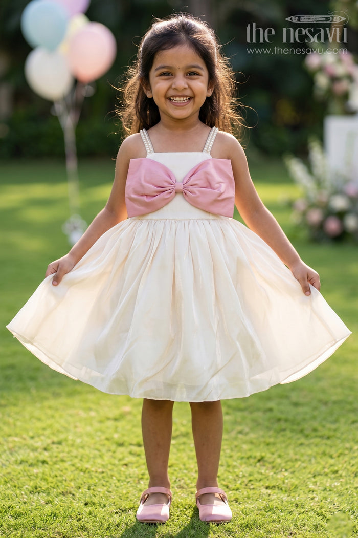 The Nesavu Girls Fancy Party Frock Girls Satin Party Frock for Birthdays and Special Occasions Nesavu 20 (3Y) / Cream / Satin PF287E-20 Nesavu Girls Satin Party Frock With Bow Detailing For Birthdays And Festive Celebrations