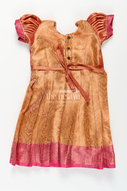 The Nesavu Silk Frock Girls Semi Silk Dress Frock Silk with Pin-Tuck Yoke and Rich Orange Gold Pleated Skirt Nesavu Nesavu Girls Semi Silk Dress Frock Silk Orange Gold Pleats Magenta Pin-Tuck Yoke
