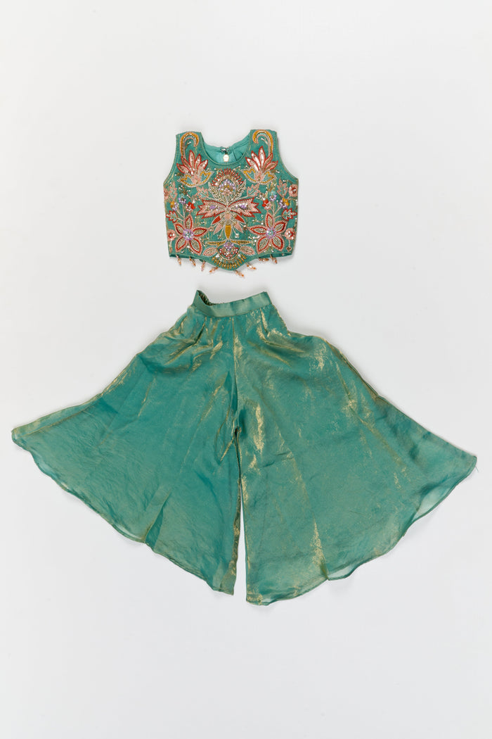 The Nesavu Girls Sharara / Plazo Set Girls Sharara and Dupatta Set with Embellished Yoke for Festive Functions Nesavu 18 (2Y) / Green / Organza GPS937C-18 Nesavu festive sharara set for girls with embellished yoke and dupatta – perfect for weddings and ethnic events