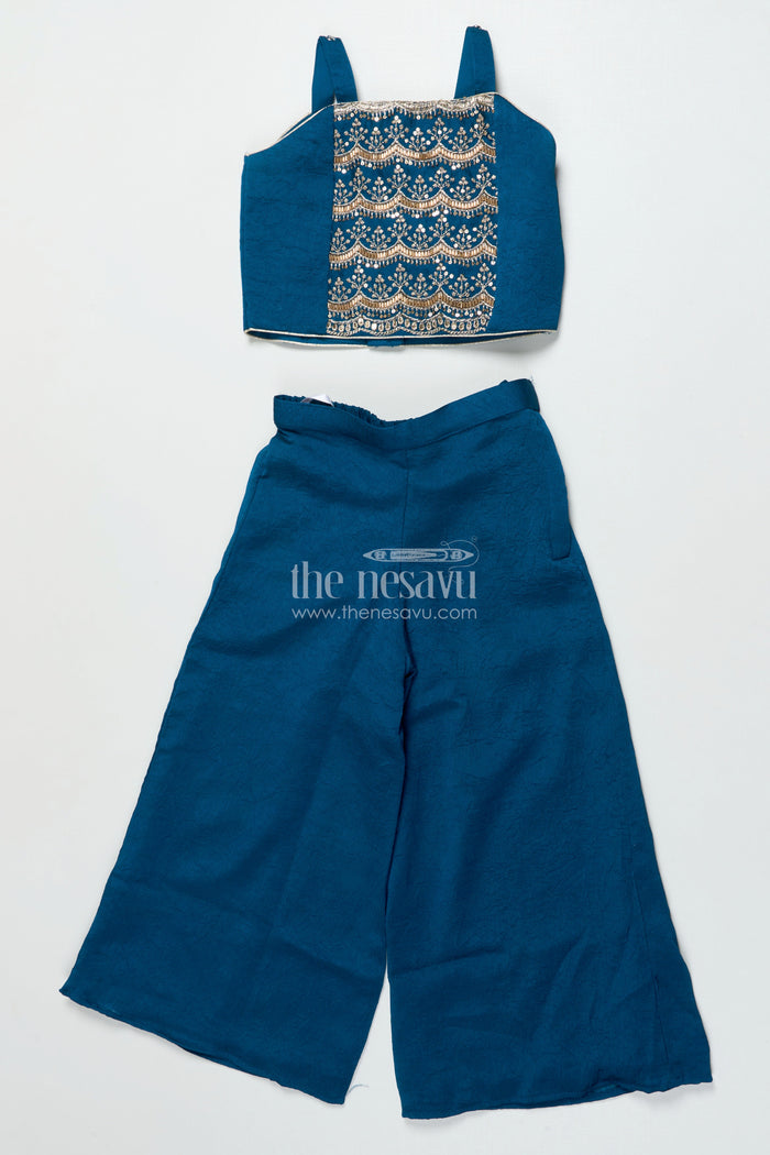 The Nesavu Girls Sharara / Plazo Set Girls Sharara and Shrug Set with Embroidery for Festive Family Functions Nesavu 22 (4Y) / Blue GPS705A-22 Nesavu girls sharara set embroidered shrug designer yoke festive occasions