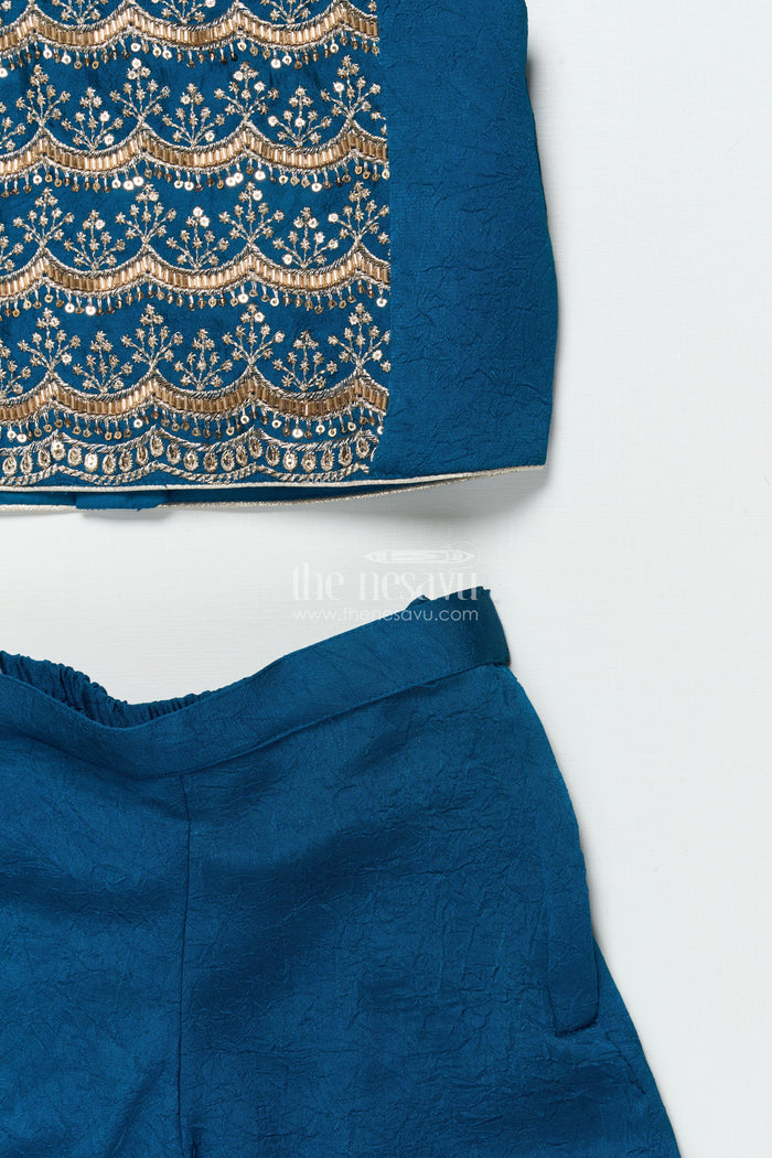 The Nesavu Girls Sharara / Plazo Set Girls Sharara and Shrug Set with Embroidery for Festive Family Functions Nesavu Nesavu girls sharara set embroidered shrug designer yoke festive occasions