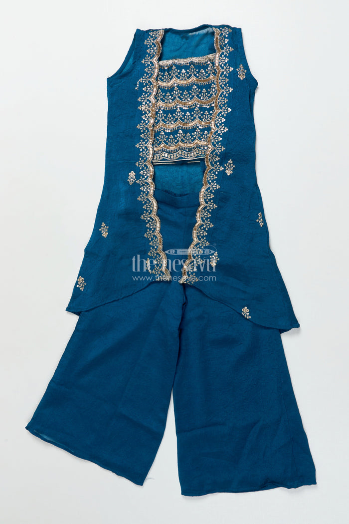 The Nesavu Girls Sharara / Plazo Set Girls Sharara and Shrug Set with Embroidery for Festive Family Functions Nesavu Nesavu girls sharara set embroidered shrug designer yoke festive occasions