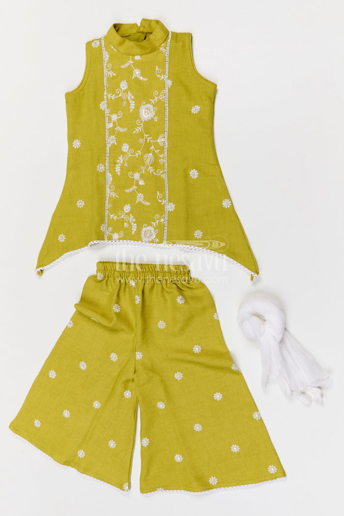 The Nesavu Girls Sharara / Plazo Set Girls Sharara for Festive Celebrations and Family Functions Nesavu Nesavu girls cotton sharara set for festive celebrations and family functions with thread embroidery