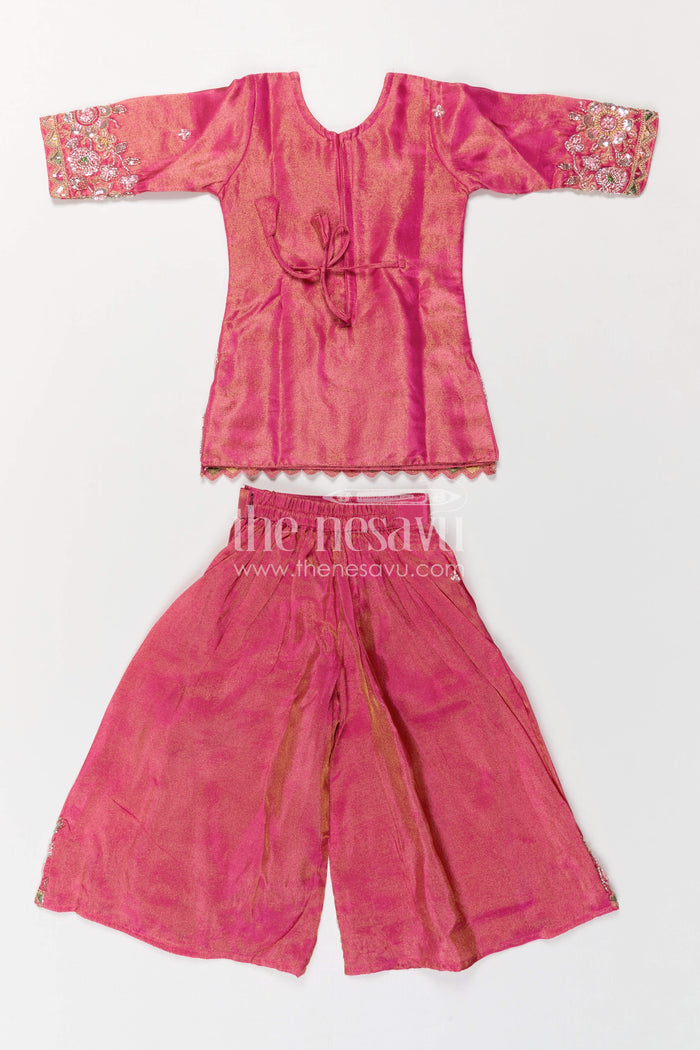 The Nesavu Girls Sharara / Plazo Set Girls Sharara Outfit for Weddings and Festive Celebrations Nesavu Nesavu Girls Sharara Outfit For Weddings With Viscose Silk And Designer Embroidery Festive Set