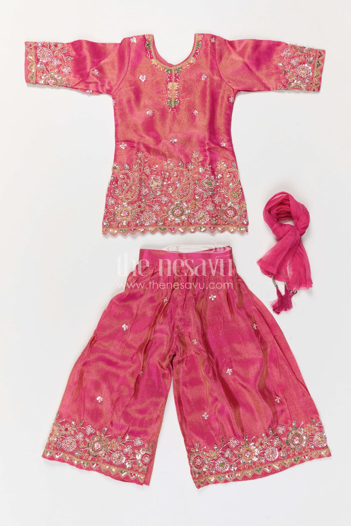 The Nesavu Girls Sharara / Plazo Set Girls Sharara Outfit for Weddings and Festive Celebrations Nesavu Nesavu Girls Sharara Outfit For Weddings With Viscose Silk And Designer Embroidery Festive Set