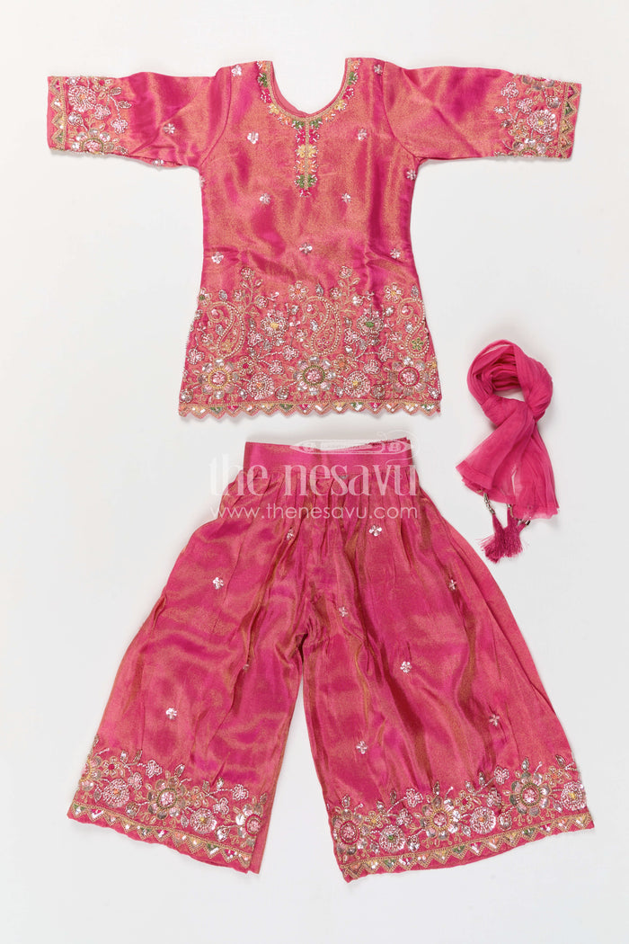 The Nesavu Girls Sharara / Plazo Set Girls Sharara Outfit for Weddings and Festive Celebrations Nesavu Nesavu Girls Sharara Outfit For Weddings With Viscose Silk And Designer Embroidery Festive Set