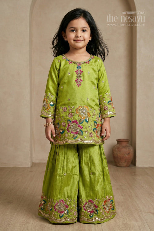 The Nesavu Girls Sharara / Plazo Set Girls Sharara Outfit for Weddings and Festive Family Functions Nesavu 18 (2Y) / Green / Viscose Silk GPS995A-18 Nesavu girls festive sharara set for weddings celebrations viscose silk outfit with designer yoke