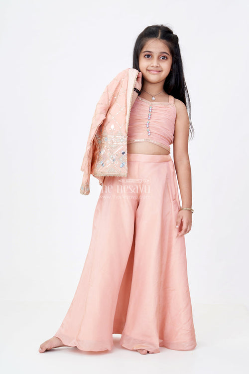 The Nesavu Girls Sharara / Plazo Set Girls Sharara Plazo Set with Embellished Jacket and Flowy Pants in Peach Nesavu Nesavu Girls Peach Sharara Plazo Set Embellished Jacket Flowy Pants