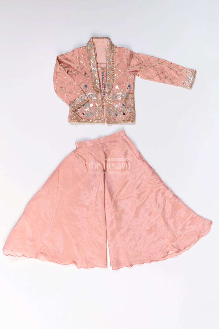 The Nesavu Girls Sharara / Plazo Set Girls Sharara Plazo Set with Embellished Jacket and Flowy Pants in Peach Nesavu Nesavu Girls Peach Sharara Plazo Set Embellished Jacket Flowy Pants