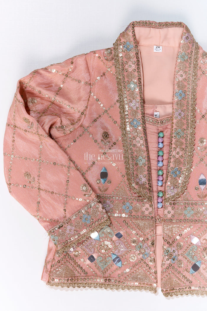 The Nesavu Girls Sharara / Plazo Set Girls Sharara Plazo Set with Embellished Jacket and Flowy Pants in Peach Nesavu Nesavu Girls Peach Sharara Plazo Set Embellished Jacket Flowy Pants