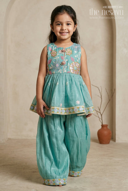 The Nesavu Girls Sharara / Plazo Set Girls Sharara Set for Celebrations and Festive Occasions Nesavu 16 (1Y) / Turquoise / Crushed tissue GPS1033A-16 Nesavu Girls Sharara Set For Festive Occasions With Crushed Tissue Blend Silk And Thread Embroidery Design