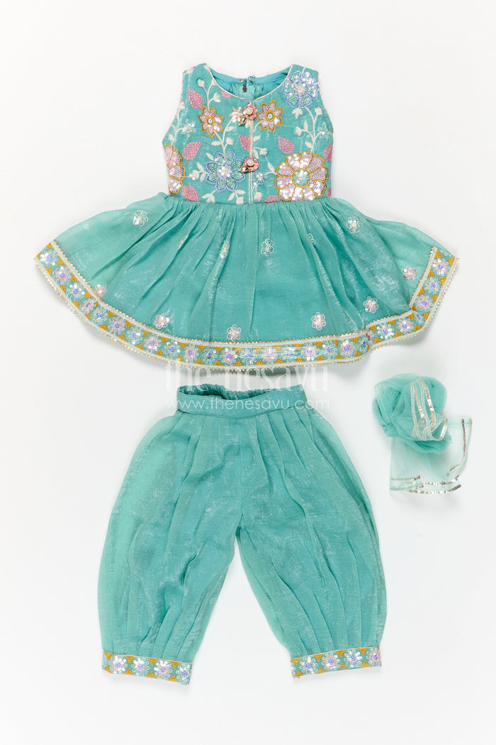 The Nesavu Girls Sharara / Plazo Set Girls Sharara Set for Celebrations and Festive Occasions Nesavu Nesavu Girls Sharara Set For Festive Occasions With Crushed Tissue Blend Silk And Thread Embroidery Design