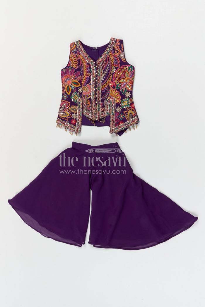 The Nesavu Girls Sharara / Plazo Set Girls Sharara Set for Cultural Functions and Festive Celebrations Nesavu 16 (1Y) / Purple / Georgette GPS969B-16 Nesavu girls georgette sharara set with embroidered yoke for festive celebrations and cultural events