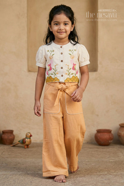 The Nesavu Girls Sharara / Plazo Set Girls Sharara Set for Festive Celebrations and Ethnic Wear Nesavu 24 (5Y) / Orange / Muslin Silk GPS1017B-24 Nesavu girls muslin cotton sharara set with thread embroidery for festive celebrations and ethnic wear