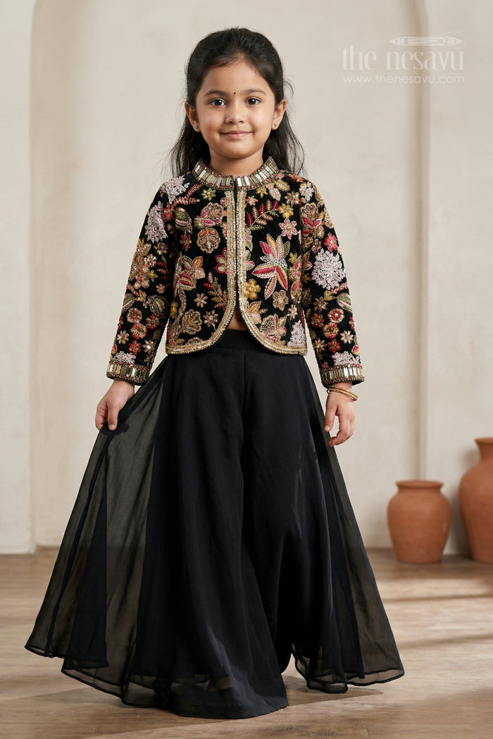 The Nesavu Girls Sharara / Plazo Set Girls Sharara Set for Festive Celebrations and Wedding Occasions Nesavu 22 (4Y) / Black / Georgette GPS1004A-22 Nesavu girls georgette sharara set with designer embroidery jacket for festive and wedding occasions
