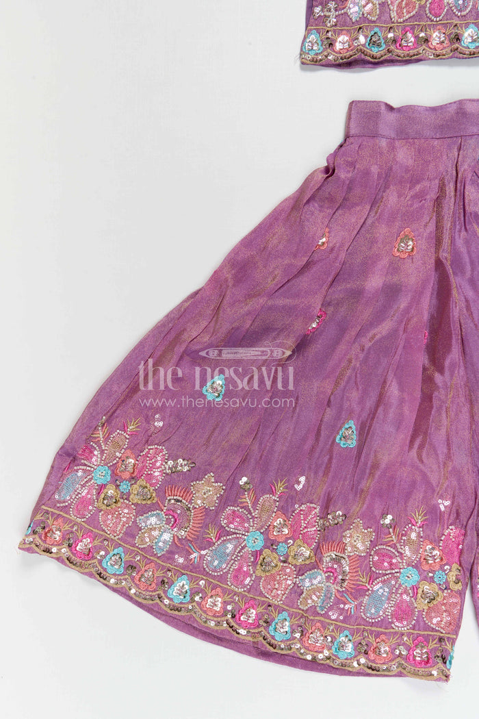 The Nesavu Girls Sharara / Plazo Set Girls Sharara Set for Festive Celebrations and Wedding Wear Nesavu Nesavu girls viscose silk sharara set with designer embroidery for weddings and festive celebrations