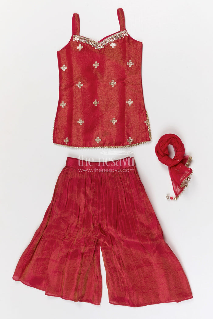 The Nesavu Girls Sharara / Plazo Set Girls Sharara Set for Festive Functions and Celebrations Nesavu Nesavu Girls Viscose Silk Sharara Set With Sequence Embroidery For Festive Weddings And Celebrations