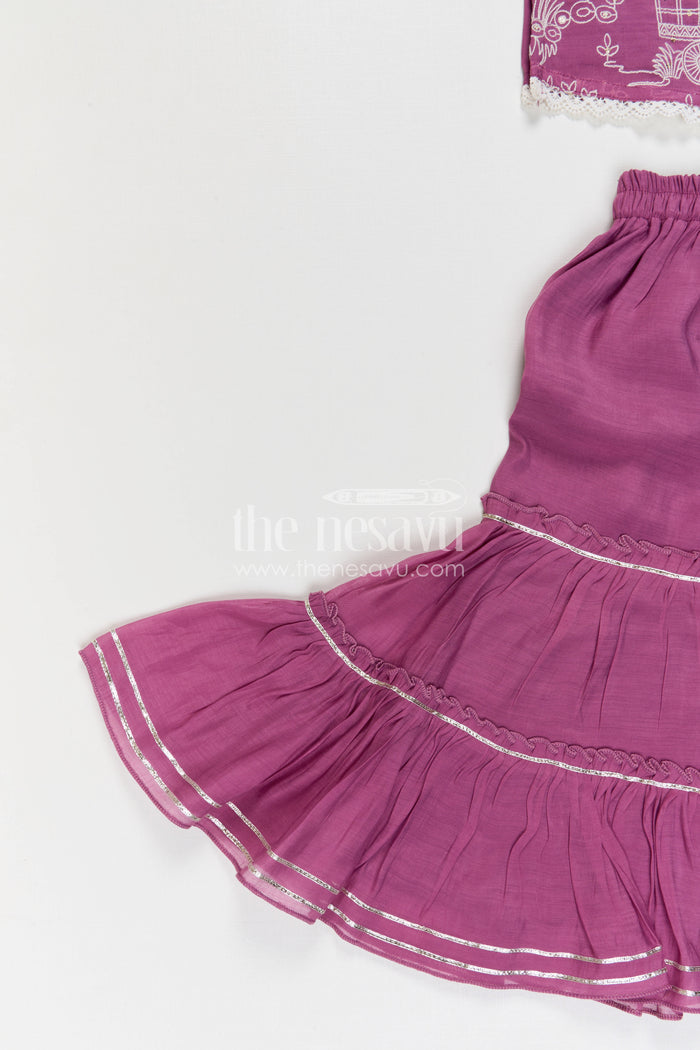 The Nesavu Girls Sharara / Plazo Set Girls Sharara Set for Festive Functions and Family Gathers Nesavu Nesavu Girls Sharara Set For Festive Functions With Silk Crepe Fabric And Thread Embroidery Design