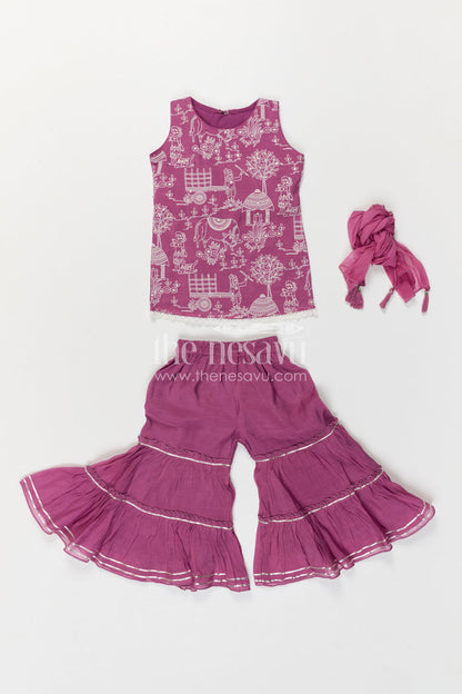 The Nesavu Girls Sharara / Plazo Set Girls Sharara Set for Festive Functions and Family Gathers Nesavu Nesavu Girls Sharara Set For Festive Functions With Silk Crepe Fabric And Thread Embroidery Design