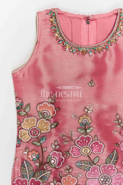 The Nesavu Girls Sharara / Plazo Set Girls Sharara Set for Festive Functions and Marriage Functions Nesavu Nesavu Girls Sharara Set For Festive Occasions With Tissue Silk And Embroidered Yoke Pink Outfit