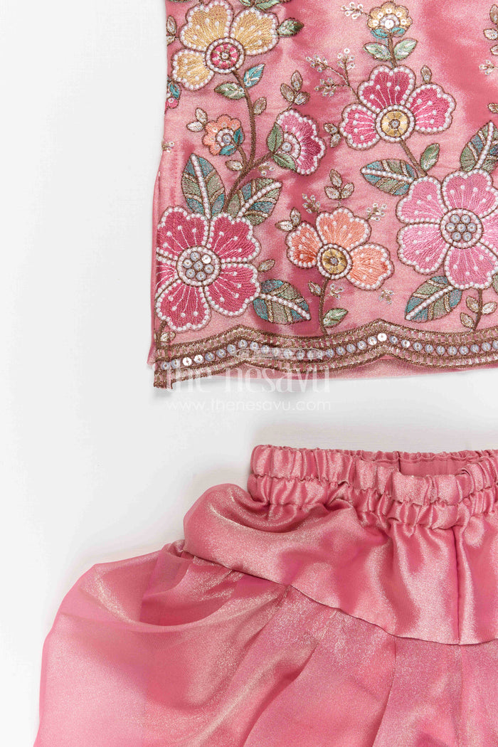 The Nesavu Girls Sharara / Plazo Set Girls Sharara Set for Festive Functions and Marriage Functions Nesavu Nesavu Girls Sharara Set For Festive Occasions With Tissue Silk And Embroidered Yoke Pink Outfit