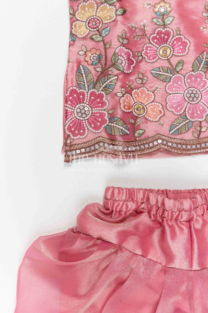 The Nesavu Girls Sharara / Plazo Set Girls Sharara Set for Festive Functions and Marriage Functions Nesavu Nesavu Girls Sharara Set For Festive Occasions With Tissue Silk And Embroidered Yoke Pink Outfit