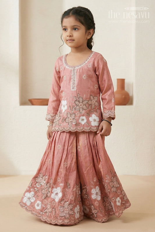 The Nesavu Girls Sharara / Plazo Set Girls Sharara Set for Festive Functions and Wedding Wear Nesavu 18 (2Y) / Peach / Viscose Silk GPS1019B-18 Nesavu Girls Sharara Set For Weddings And Festive Occasions With Viscose Silk And Designer Embroidery