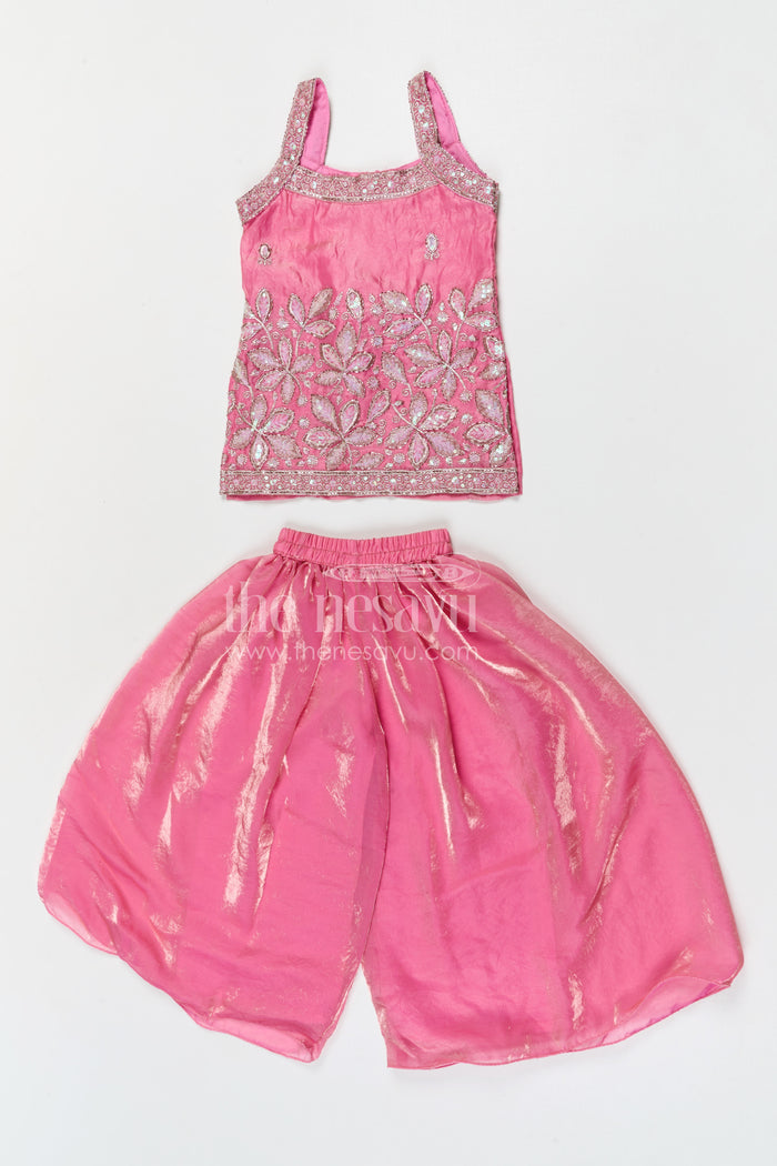 The Nesavu Girls Sharara / Plazo Set Girls Sharara Set for Festive Occasionals and Wedding Functions Nesavu Nesavu girls sharara set for festive occasions with organza fabric and designer embroidery wedding outfit