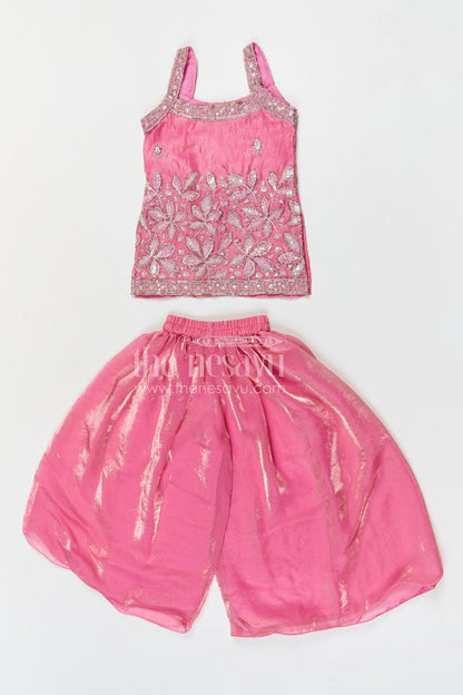 The Nesavu Girls Sharara / Plazo Set Girls Sharara Set for Festive Occasionals and Wedding Functions Nesavu Nesavu girls sharara set for festive occasions with organza fabric and designer embroidery wedding outfit