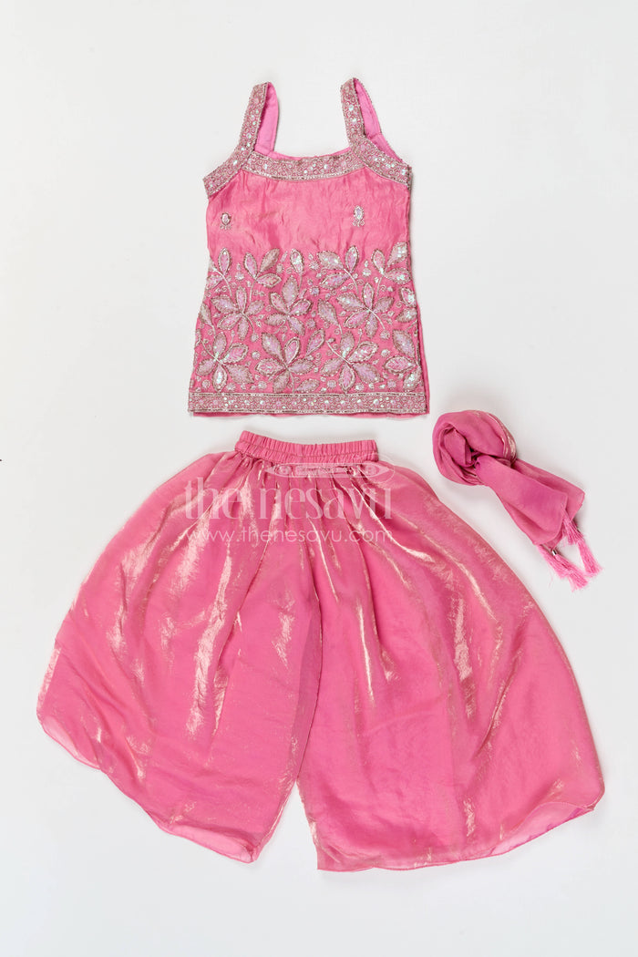 The Nesavu Girls Sharara / Plazo Set Girls Sharara Set for Festive Occasionals and Wedding Functions Nesavu Nesavu girls sharara set for festive occasions with organza fabric and designer embroidery wedding outfit