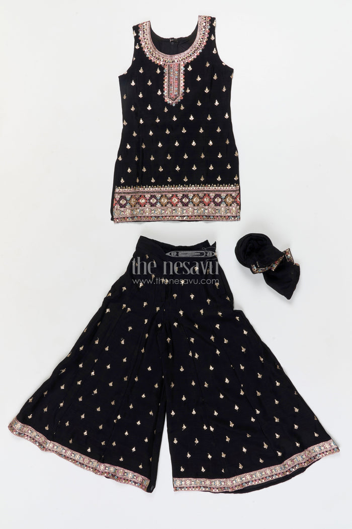 The Nesavu Girls Sharara / Plazo Set Girls Sharara Set for Festive Occasions and Cultural Events Nesavu Nesavu girls georgette sharara set with straight-cut top for weddings and festive functions