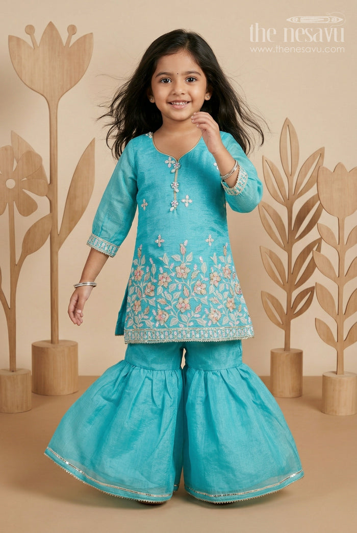 The Nesavu Girls Sharara / Plazo Set Girls Sharara Set for Festive Occasions and Wedding Wear Nesavu 22 (4Y) / Turquoise / Georgette GPS1038A-22 Nesavu Girls Sharara Set For Weddings In Georgette With Embroidered Yoke Turquoise Festive Outfit