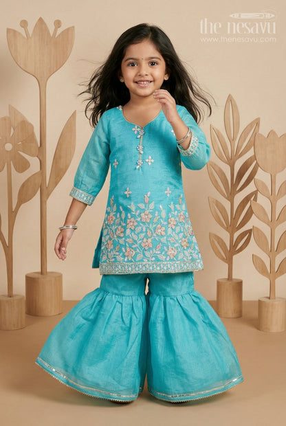The Nesavu Girls Sharara / Plazo Set Girls Sharara Set for Festive Occasions and Wedding Wear Nesavu 22 (4Y) / Turquoise / Georgette GPS1038A-22 Nesavu Girls Sharara Set For Weddings In Georgette With Embroidered Yoke Turquoise Festive Outfit