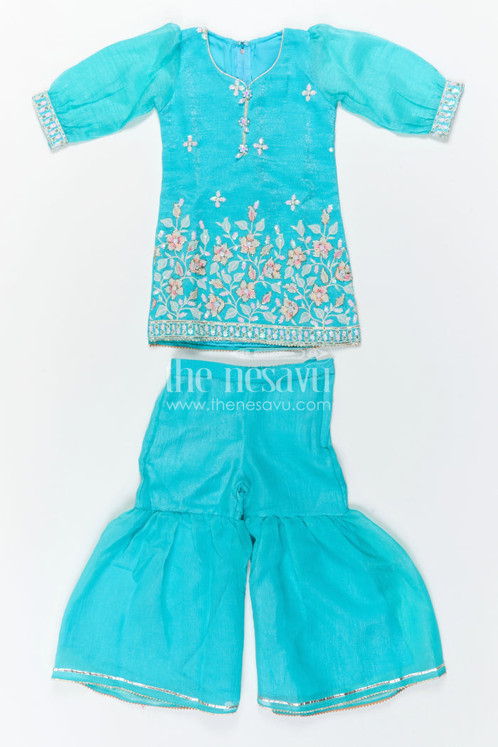The Nesavu Girls Sharara / Plazo Set Girls Sharara Set for Festive Occasions and Wedding Wear Nesavu Nesavu Girls Sharara Set For Weddings In Georgette With Embroidered Yoke Turquoise Festive Outfit