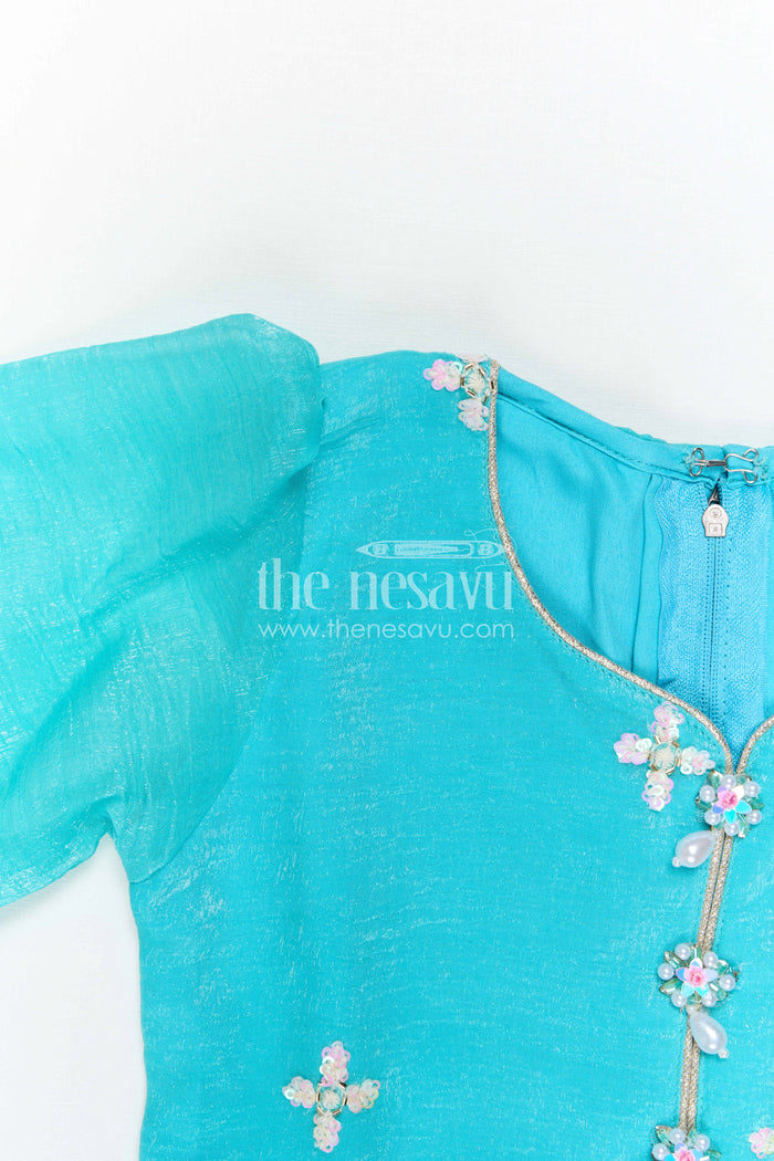 The Nesavu Girls Sharara / Plazo Set Girls Sharara Set for Festive Occasions and Wedding Wear Nesavu Nesavu Girls Sharara Set For Weddings In Georgette With Embroidered Yoke Turquoise Festive Outfit