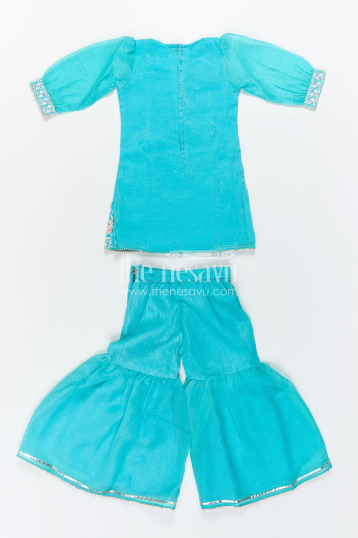 The Nesavu Girls Sharara / Plazo Set Girls Sharara Set for Festive Occasions and Wedding Wear Nesavu Nesavu Girls Sharara Set For Weddings In Georgette With Embroidered Yoke Turquoise Festive Outfit