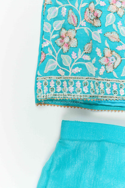 The Nesavu Girls Sharara / Plazo Set Girls Sharara Set for Festive Occasions and Wedding Wear Nesavu Nesavu Girls Sharara Set For Weddings In Georgette With Embroidered Yoke Turquoise Festive Outfit