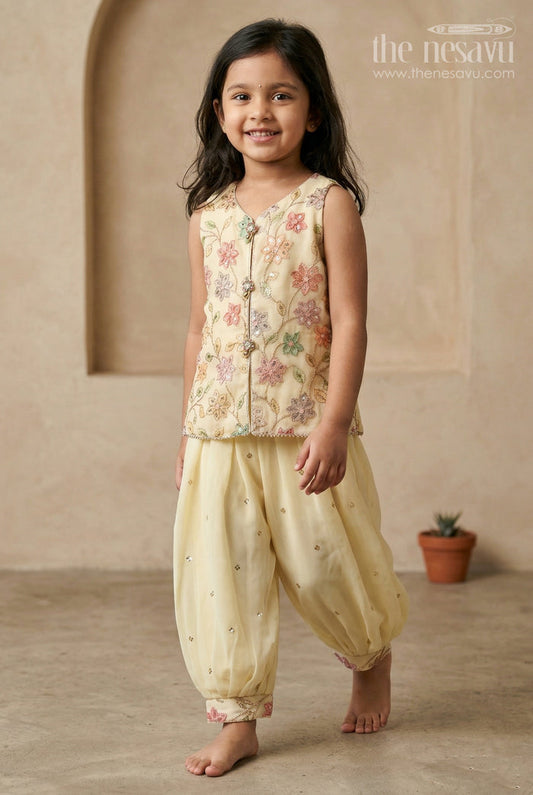 The Nesavu Girls Sharara / Plazo Set Girls Sharara Set for Festive Outings and Daytime Functions Nesavu 16 (1Y) / Yellow / Georgette GPS1032A-16 Nesavu Girls Sharara Set For Festive Outings With Georgette And Sequin Embroidery Yoke Design