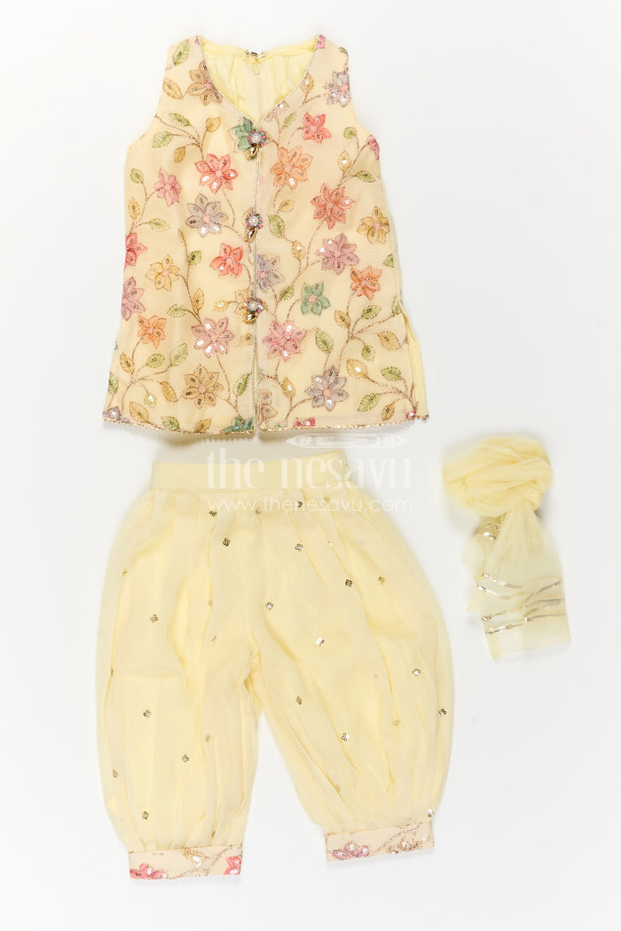 The Nesavu Girls Sharara / Plazo Set Girls Sharara Set for Festive Outings and Daytime Functions Nesavu Nesavu Girls Sharara Set For Festive Outings With Georgette And Sequin Embroidery Yoke Design